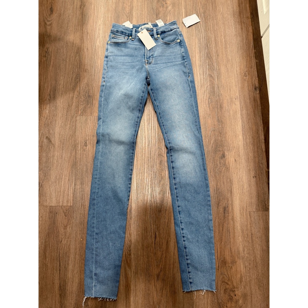 Good American Good Legs Skinny Jeans Blue 655 Raw Hem GL941CET Womens 2/26